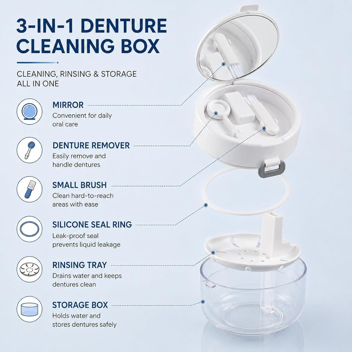 🦷 Retainer Cleaner Case Box – Storage Soak Container with Drain Tray, Built-in Mirror & Brush for Travel Cleaning ✨