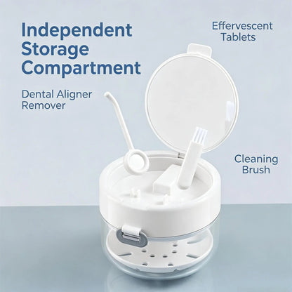 🦷 Retainer Cleaner Case Box – Storage Soak Container with Drain Tray, Built-in Mirror & Brush for Travel Cleaning ✨