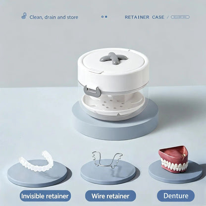 🦷 Retainer Cleaner Case Box – Storage Soak Container with Drain Tray, Built-in Mirror & Brush for Travel Cleaning ✨